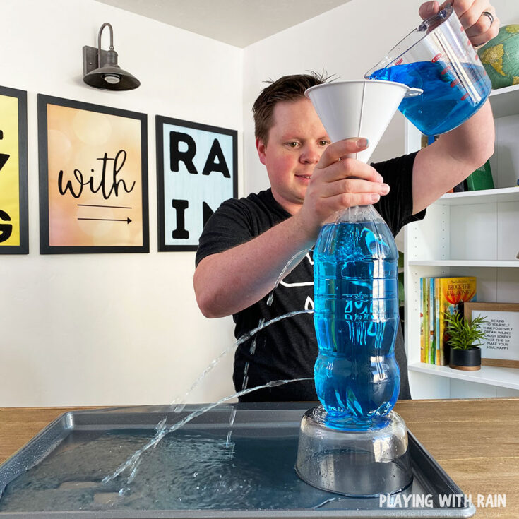 Pouring water into a bottle with holes in it