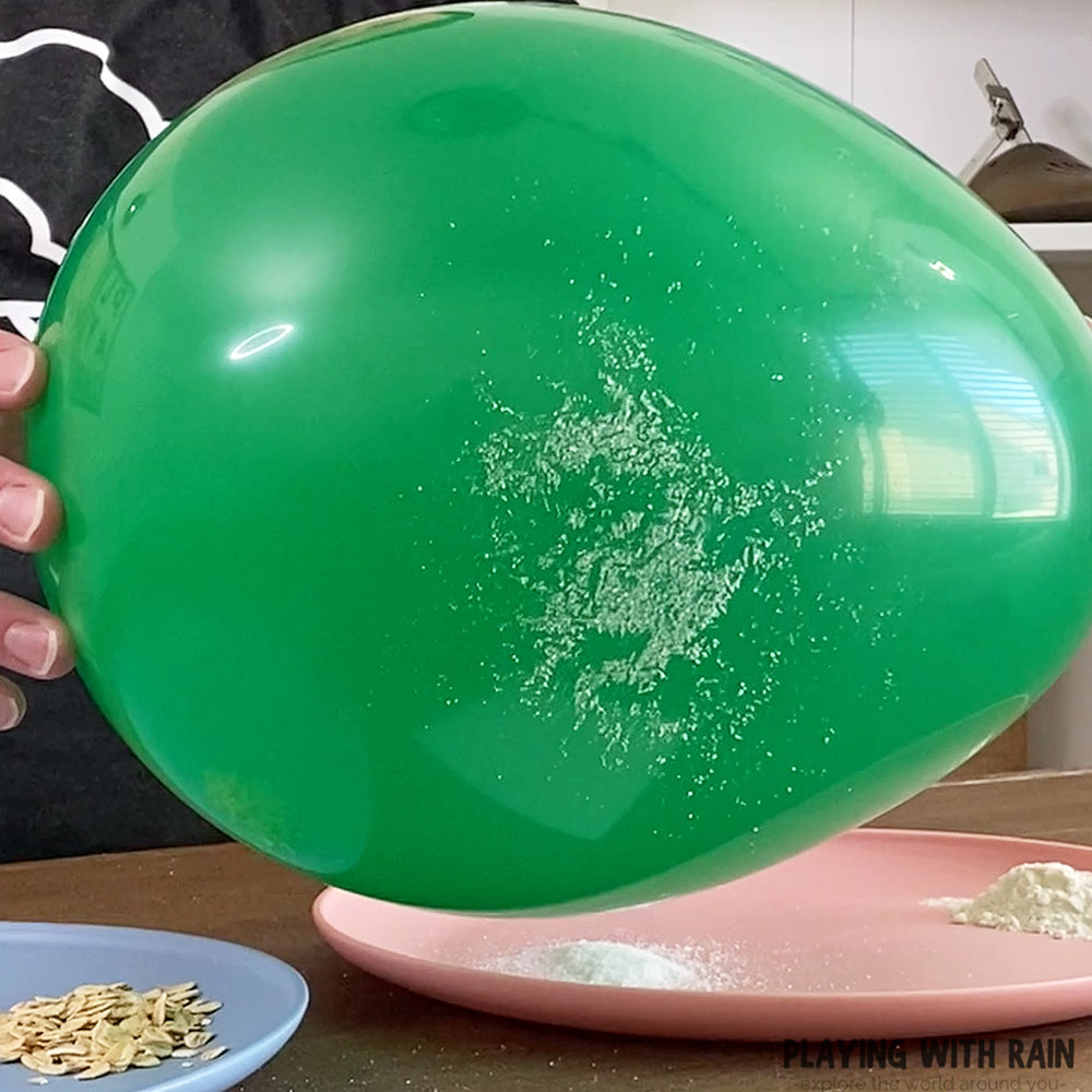 Kitchen ingredients float and stick to a balloon