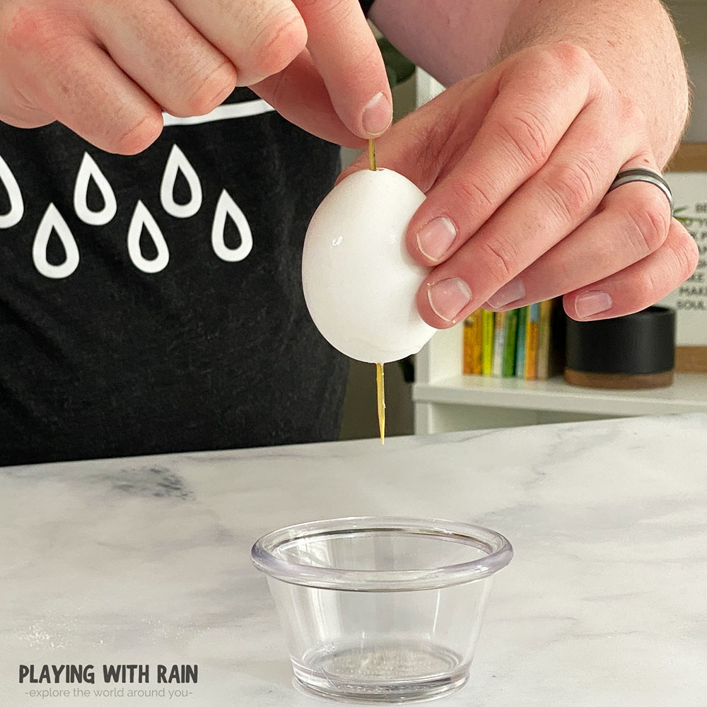 Poke a toothpick through the holes in the egg